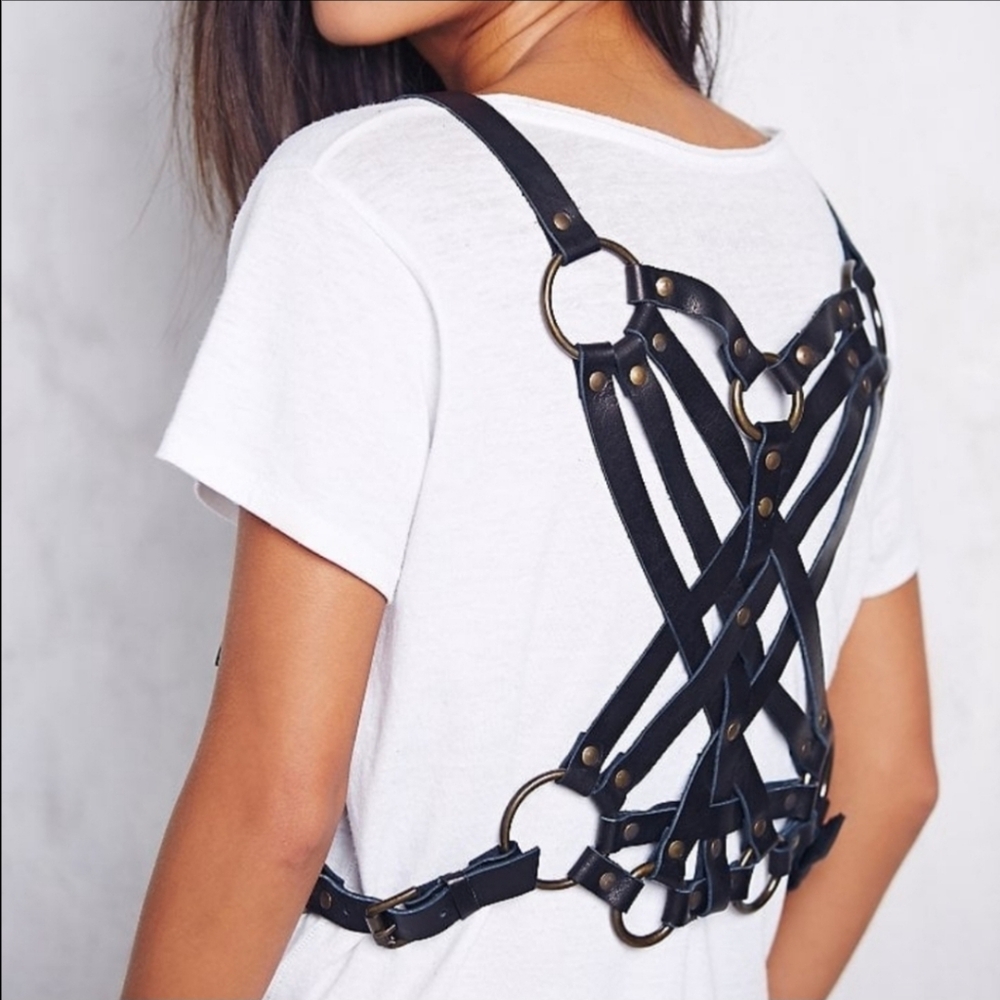 Free People Vintage Leather Strappy Harness Top Belt OS Adjustable O Ring